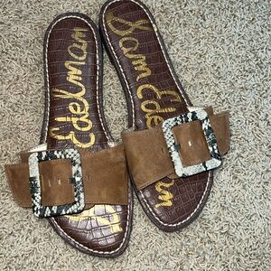 Sam Edelman Brown Slide Sandals with Snake Print Buckle 9M